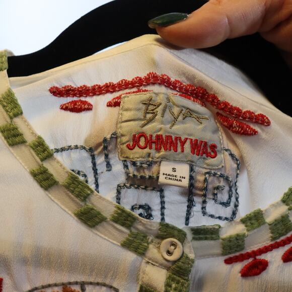 Biya by Johnny Was Embroidered Silk Blouse Ivory Multicolor Sz S - Picture 3 of 4